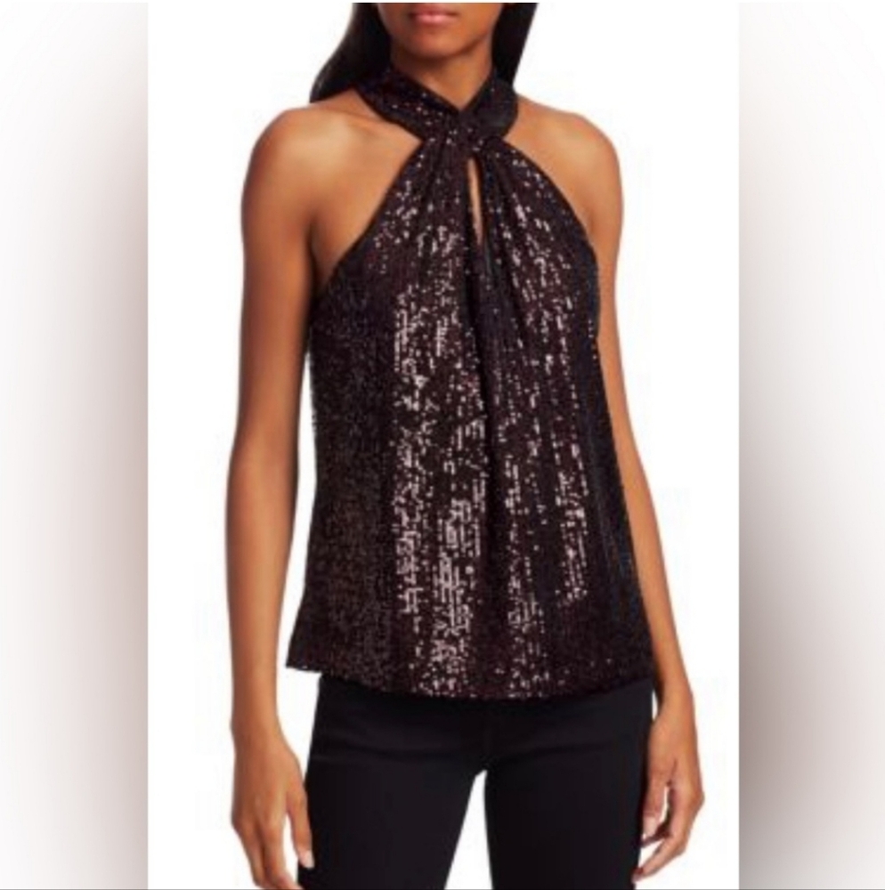 Parker Dallas Women's Blouse Bordeaux Sequin Halter Sleeveless top (retail $248)